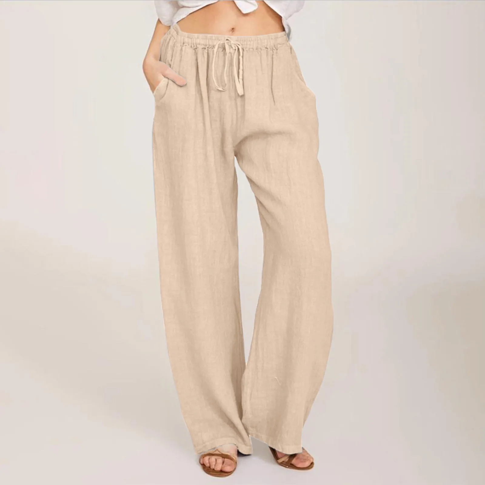 

Women Casual Solid Color Trouser Pant Cotton Blend Drawstring Elastic Waist Pocket Long Wide Leg Pants