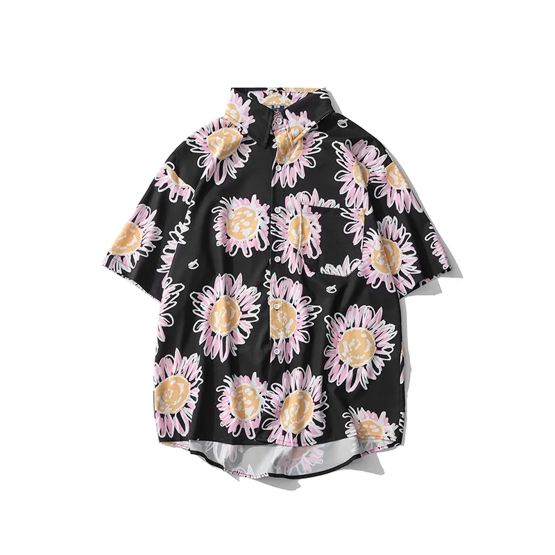 

Oversized Mens Short Sleeved Shirts Summer Loose Casual Button Cardigan Creative Plant Flower Pattern Printing Lapel Satin