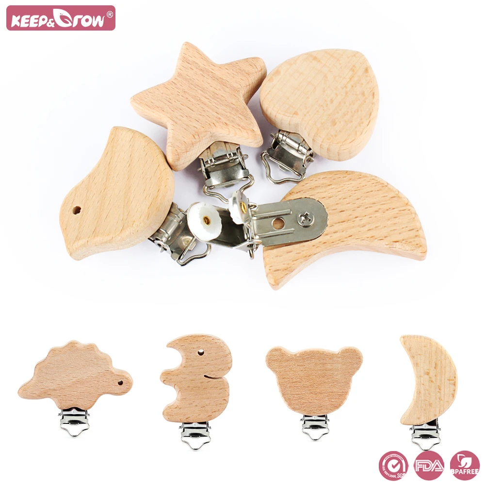 

3pcs Wood Baby Pacifier Clip Animal BPA Free Elephant Dinosaur Star Heart Shape DIY Nipple Chain Beech Wooden Dummy Holder Clips