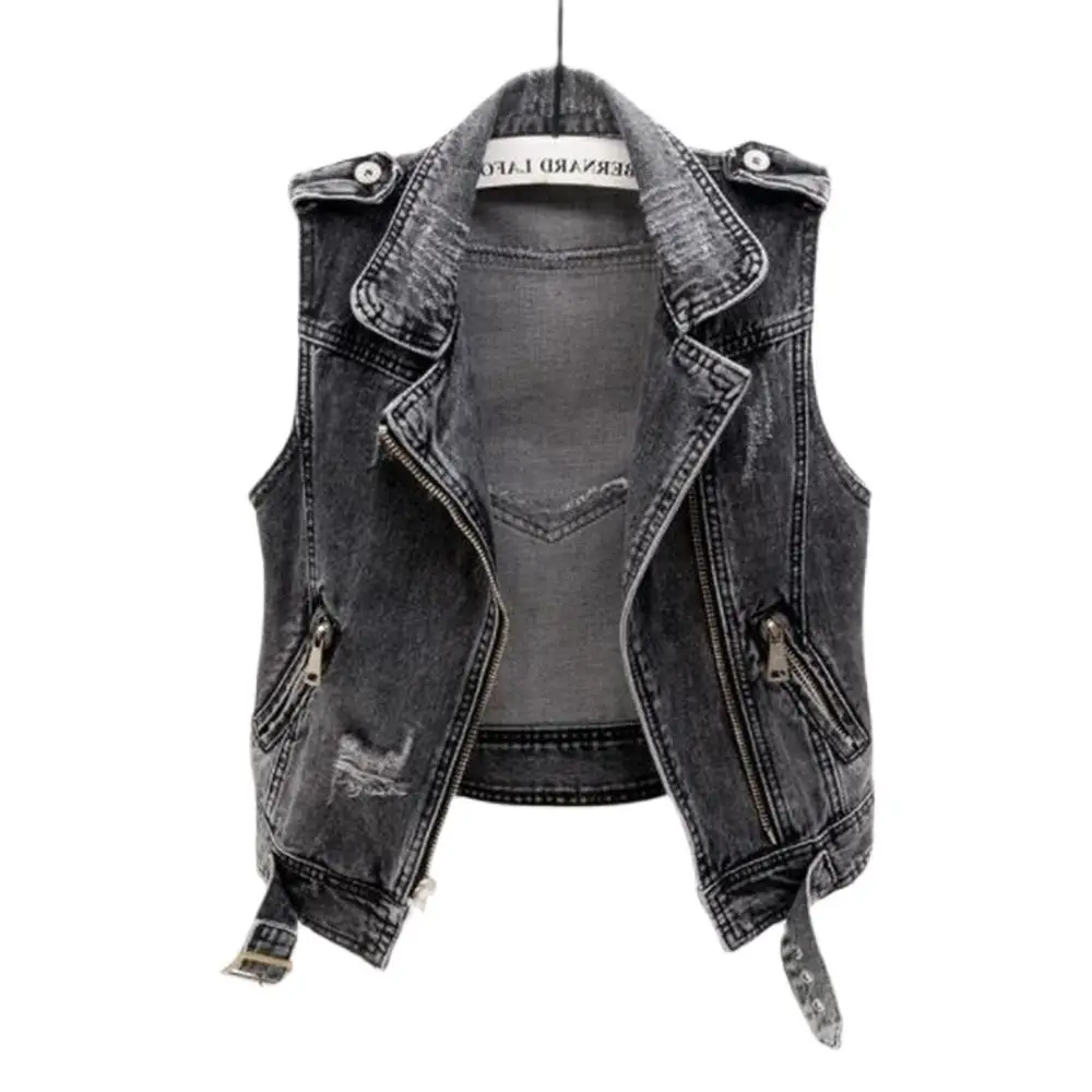 

Denim Vest Women Spring Autumn Sleeveless Tops Short Jacket Splicing Outerwear Teens Gray Coat Ripped Loose Casual Waistcoats