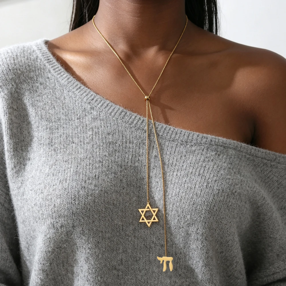 Dawapara Davidstern und jüdischer hebräischer Chai-Anhänger, lange Halskette, Pulloverkette, Hexagramm, Judentum, Edelstahlschmuck