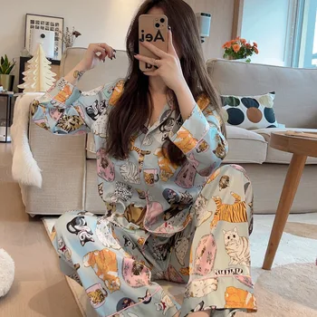 여성용 새틴 라운지웨어 잠옷 세트, 귀여운 고양이 카디건, 긴팔 잠옷, 여성 란제리, 귀여운 소녀 PJs, 용수철 가을