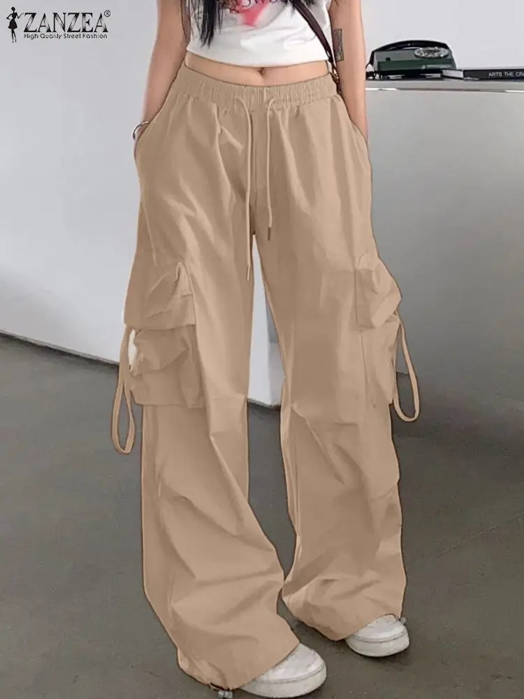 

2023 ZANZEA Vintage Cargo Pant Fashion Dance Pants Woman Casual Street Trousers Autumn Elegant Solid Elastic Pantalon Oversize
