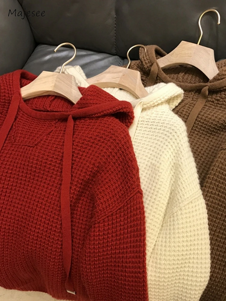 Maglioni Solidi Per Uomo Waffle Con Cappuccio Baggy Confortevole Chic Warm Advanced All-Match Maglieria Per Il Tempo Libero Stile Britannico Autunno I