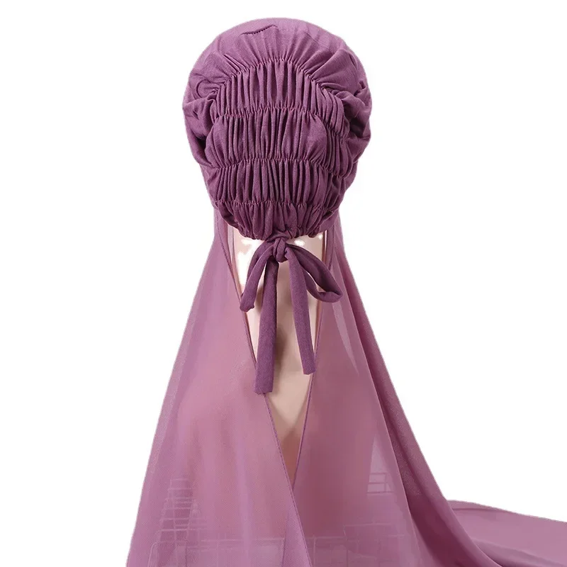 Ramadan Muslim Headband Women Chiffon Hijab Scarf With Cap Ladies Instant Hijabs Bonnet Ready To Wear Headscarf Turban Hat