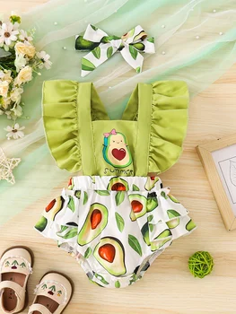 Two-Piece Set for Baby Girls: Cool Silk Cotton Casual Romper with Cute Style Cartoon Avocado Digital Print Pattern for Spring and Summer, Includes Romper and Headband