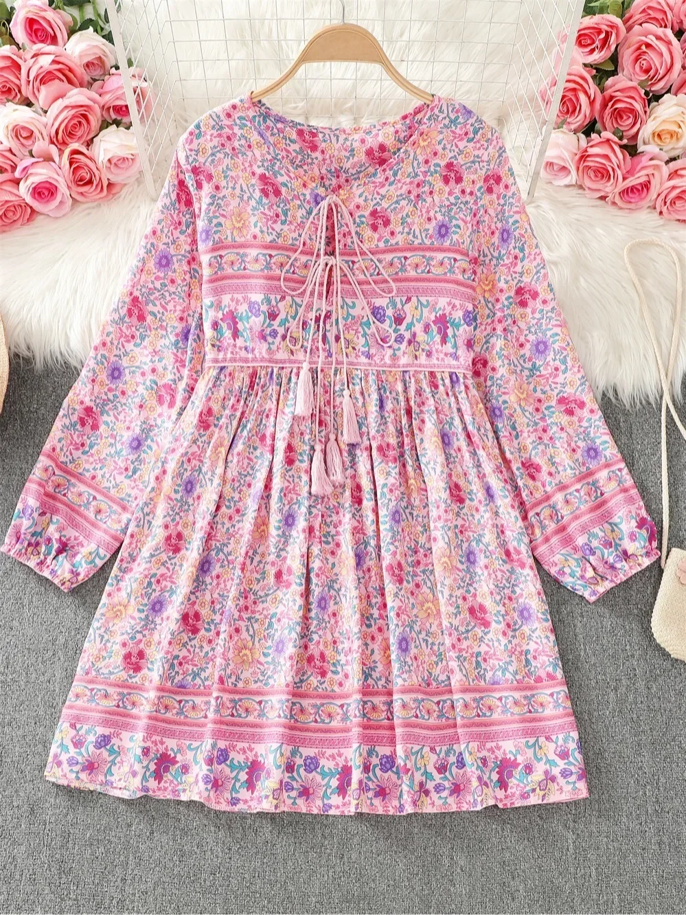 

Beach Style Dresses Women Spring Summer O Neck Vacation Floral Print Beach Dress Ethnic Short Sweet Vestidos De Mujer Dropship