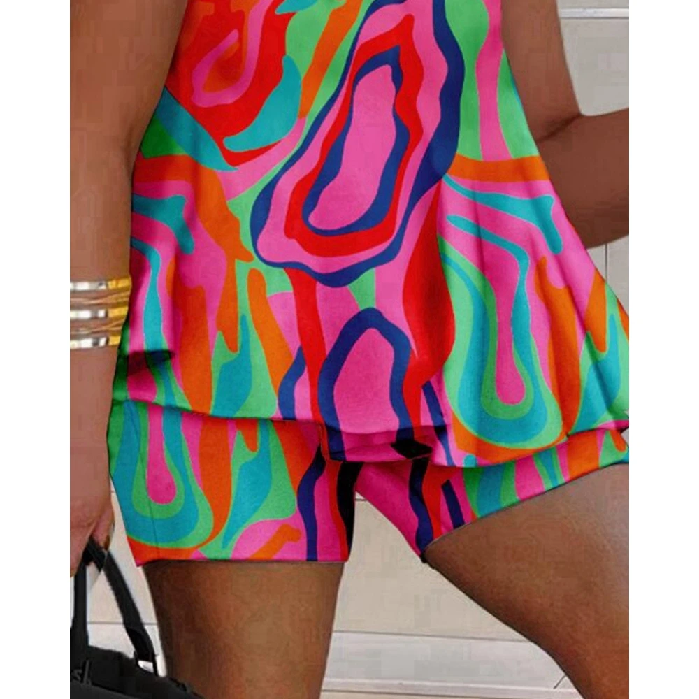 Summer Women All Over Geometric Print Halter V-Neck Backless Casual Top & Short Set 2 Piece New in Suit Sets Outfits Streetwear