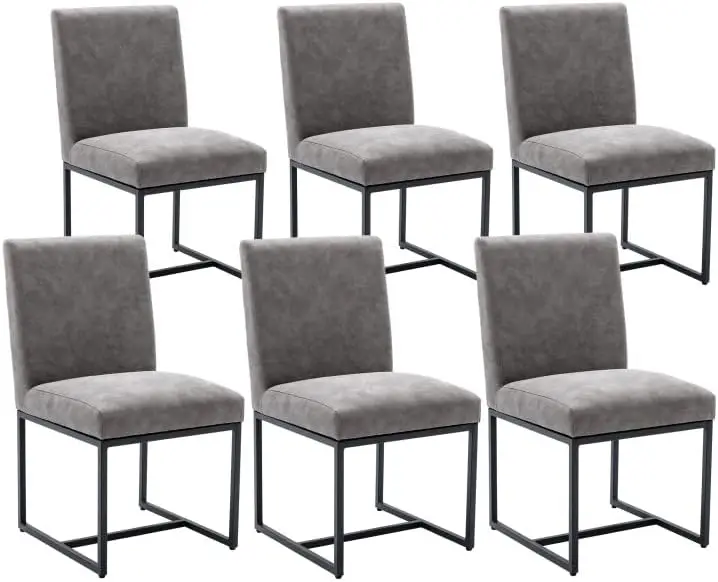 Linen Upholstered Dining Chairs Set of 6 Mid Century Modern Padded Chair with Chrome Metal Frame for Restaurant