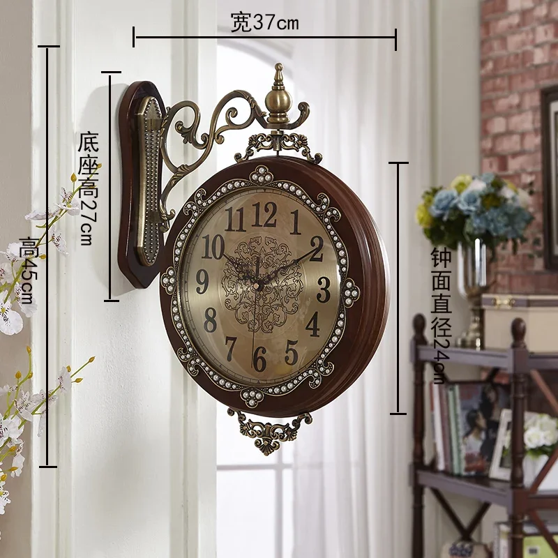 Large Double-side Wood Metal Golden Silent Wall Clock Color:L;Sheet Size:20 inch