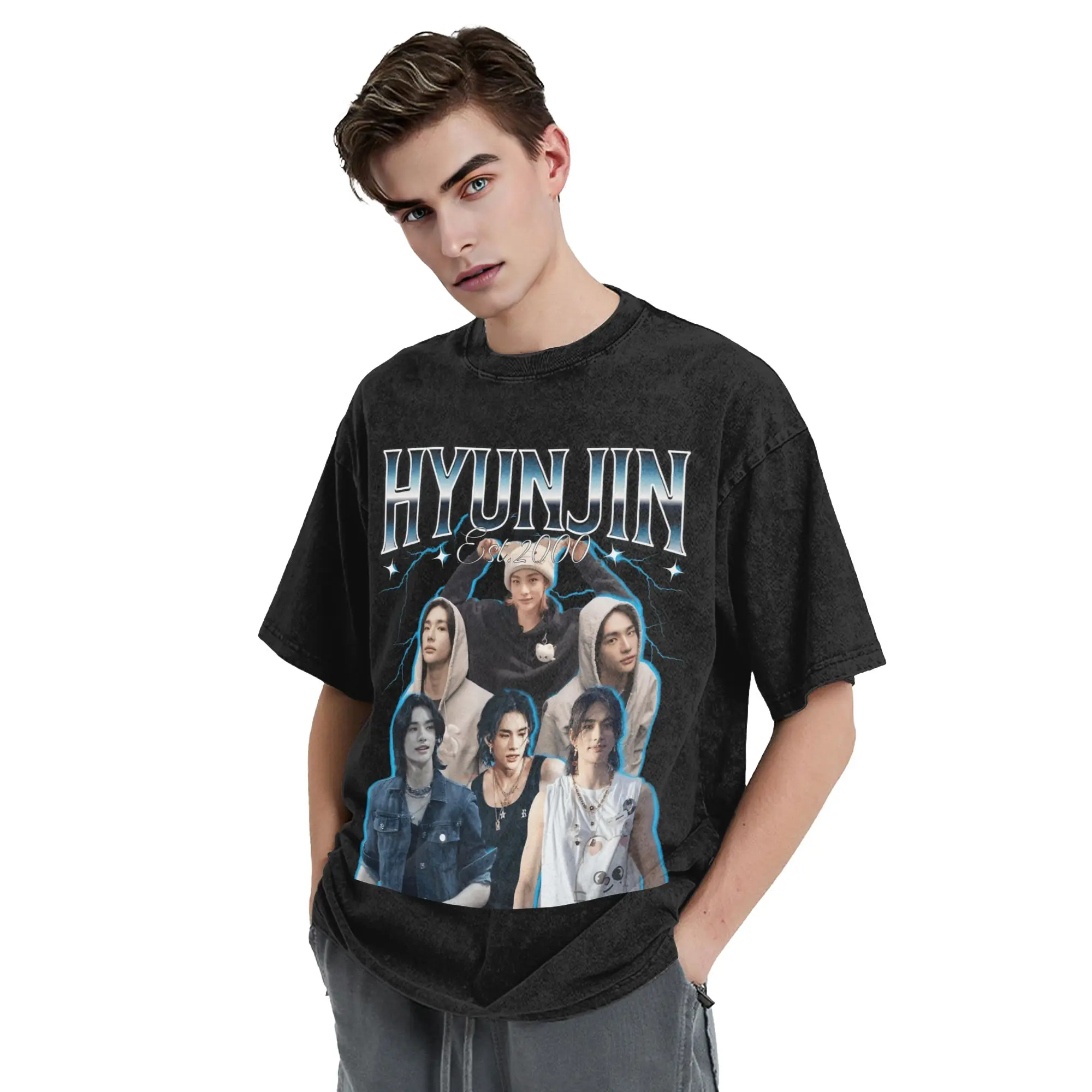 Hyunjin Washed T-Shirt Herren Sänger Y2K Basic Baumwoll-T-Shirts Sommer O-Ausschnitt Trendiges T-Shirt Individuell Anpassbar Große Größen Kleidung – Detail 6