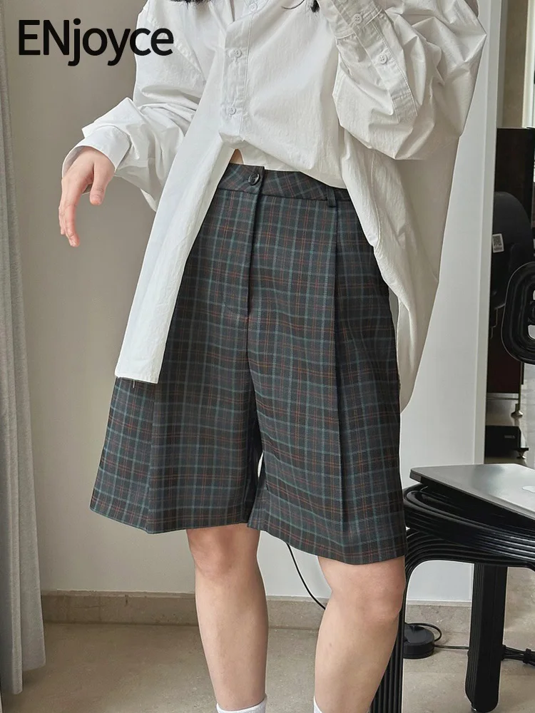 

ENjoyce Women Vintage Checkered High Waist Suit Shorts Korean Fashion Vintage Knee Length Cropped Pants Wide Leg Workwear Spring