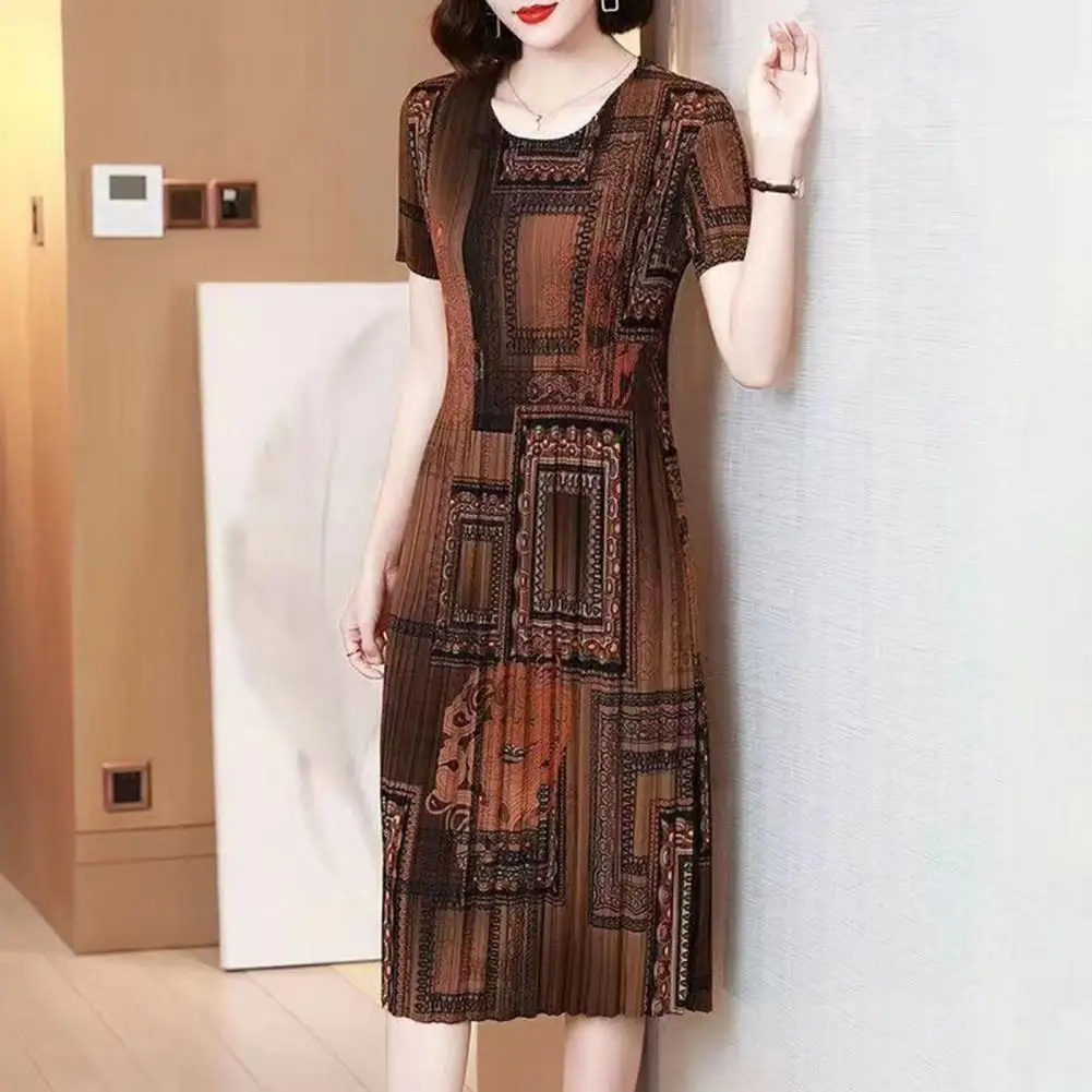 

Printed Dress Vintage Print Knee Length Midi Dress For Mid-aged Women Slim Fit Office Prom Party Dress With Short Sleeves Round