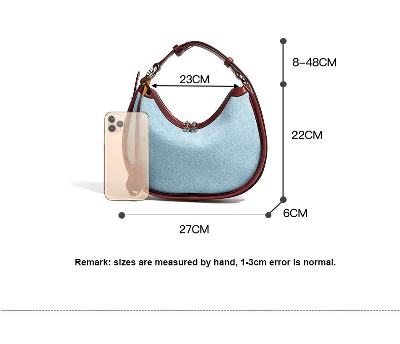 Half moon shoulder bag made of denim with genuine leather trim – casual and stylish design for daily use.