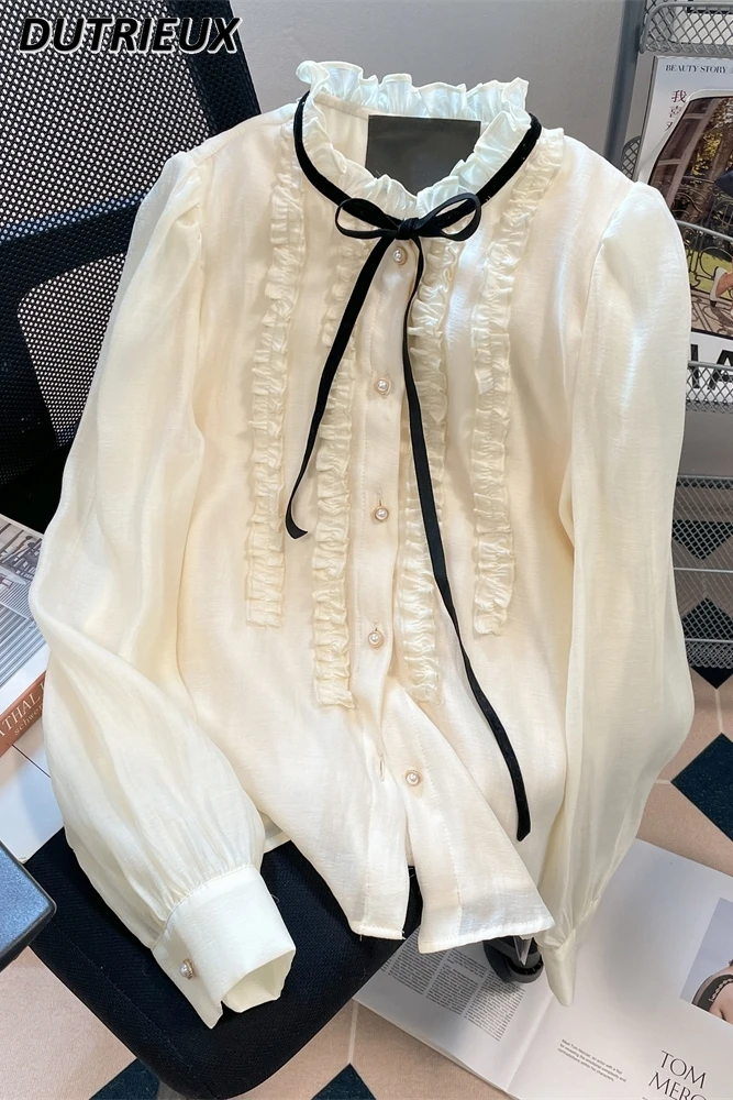 French Lolita Sweet Ruffles Lace-up Bow White Chiffon Shirt Women 2023 Autumn New Stand-up Collar Long Sleeve Button Blouse Top