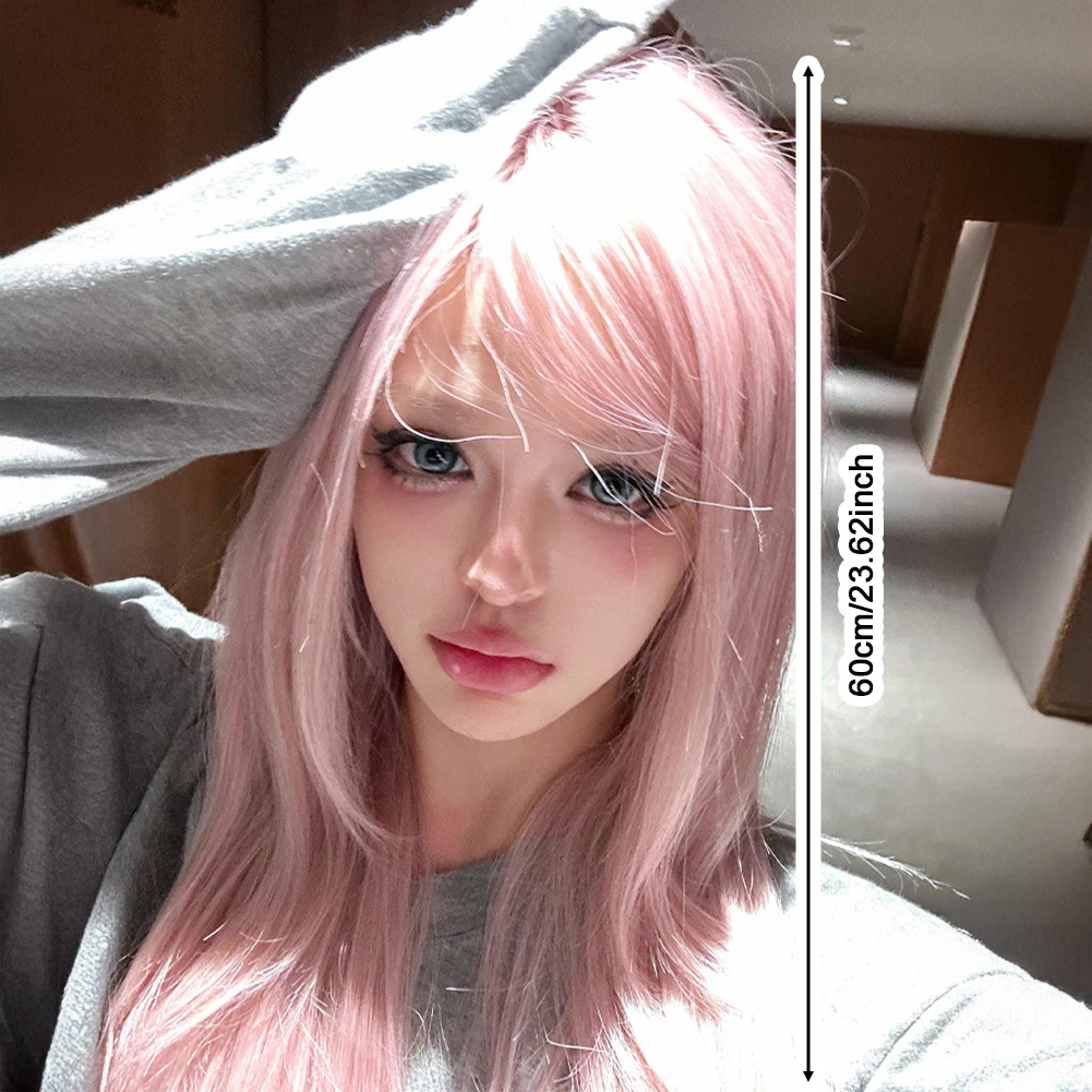 1Pc Pink Synthetic Medium Curly Hair Wig Female Long Hair Full Head Set Cos Simulation Long Straight Daily High Temperature