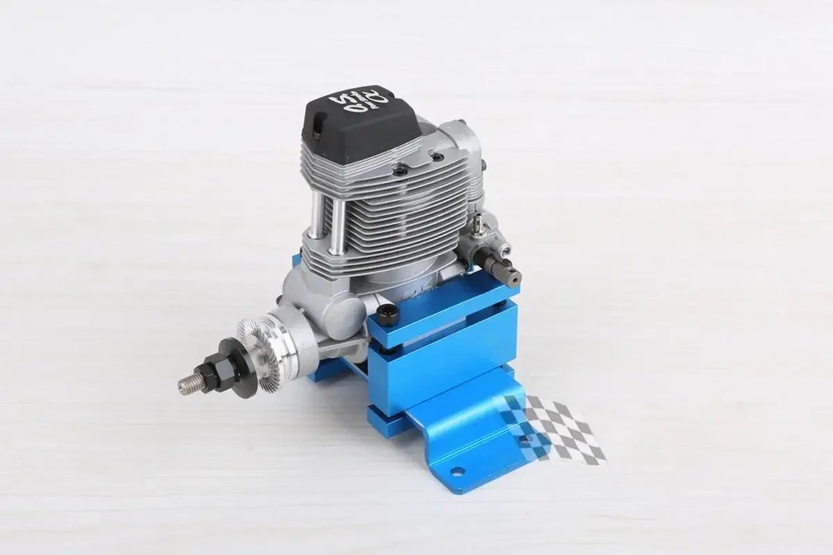 Banc de rodage Mayatech en aluminium avec moteur RC installé, prêt pour le rodage au méthanol