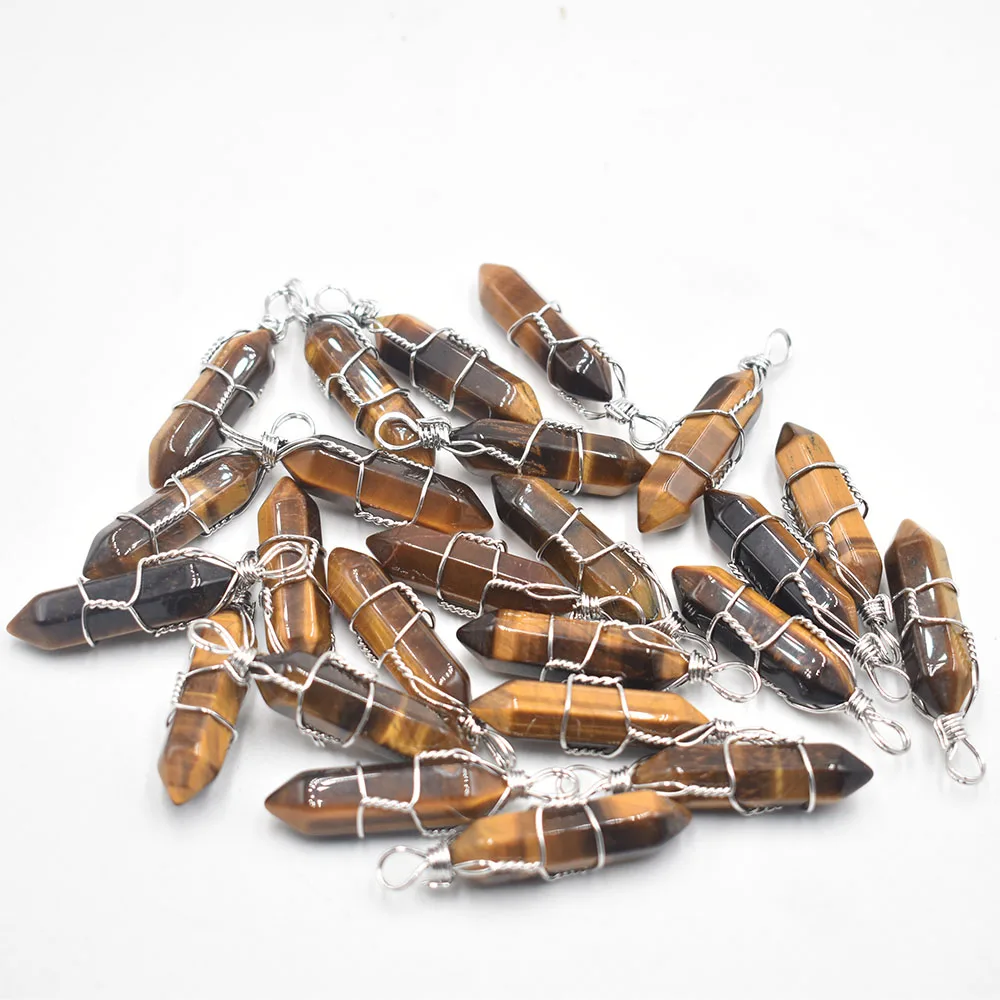 

Оптовая продажа, 24 шт./лот натуральный камень тигровый глаз в форме столба, железная проволока ручной работы, Подвески для изготовления ювелирных изделий бесплатно