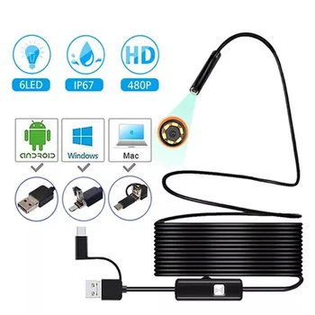 OIIWAK Endoscope 3-en-1 7.0mm caméra unique 300,000 Pixels étanche 6 LED pour Android type-c PC caméra d&rsquo;inspection serpent