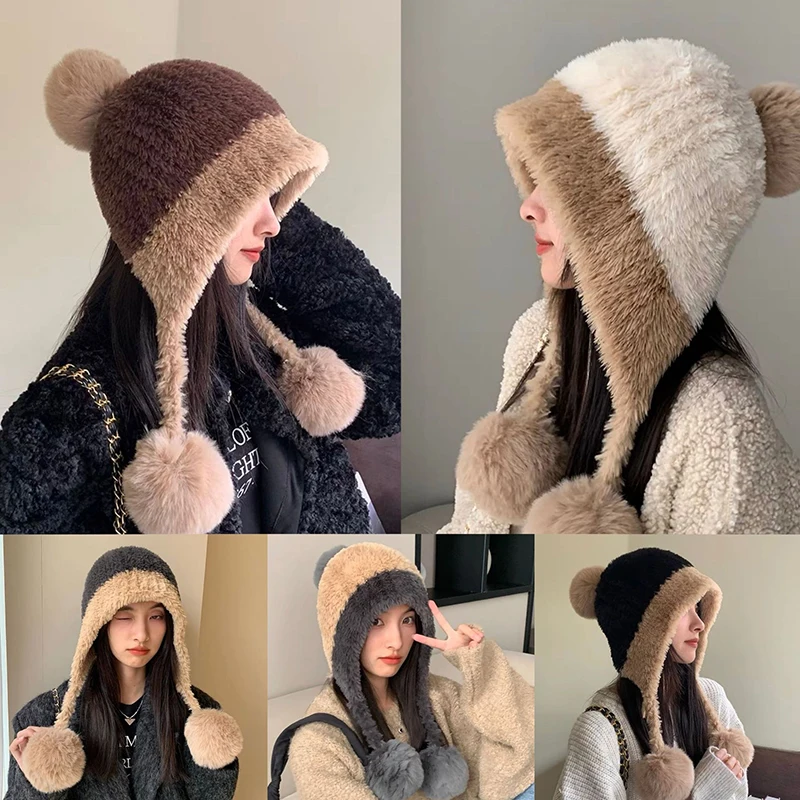 Windproof Winter Hat Fluffy Plush Women Beanie Cap Winter Warm Big Pompom Knitted Ear Protection Hat Windproof Snow Ski Female Earmuffs Caps