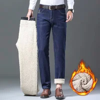 Wool Velvet Winter Fleece Men's Jeans Thickened Straight Mid-waist Business Casual Man Pants Thermal Stretch Denim Trousers 2