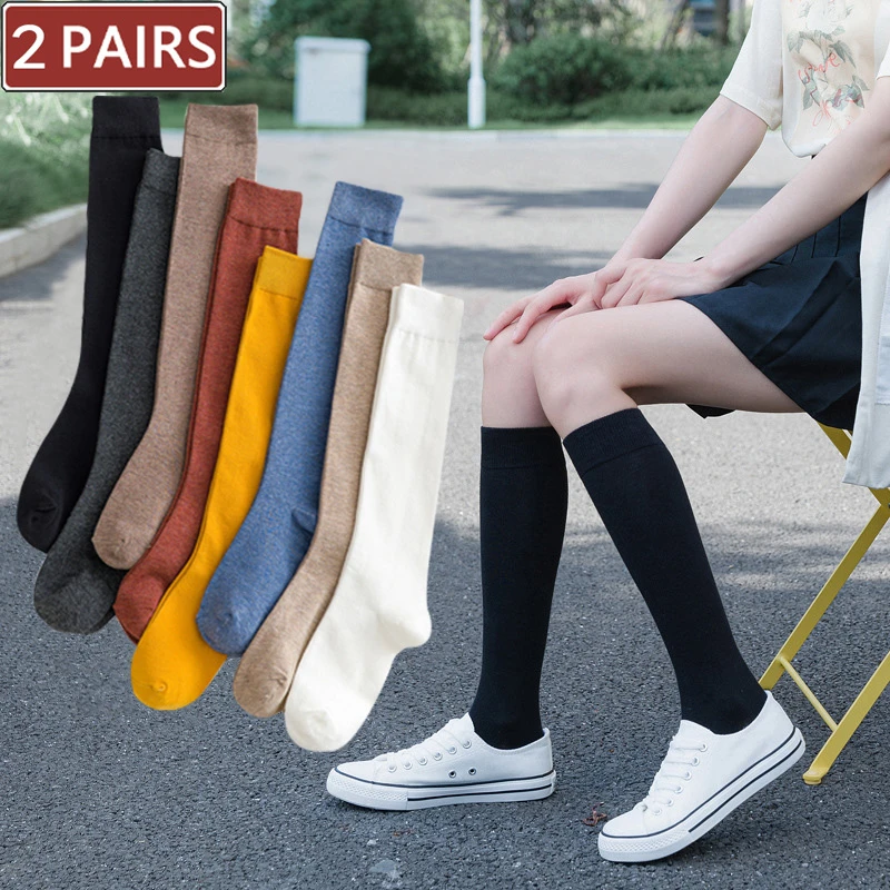 2 Pairs Women Cotton Knee High Socks Black White Solid color Fashion Casual Calf Sock Female Girl Party Dancing Sexy Long Socks sockwell compression socks