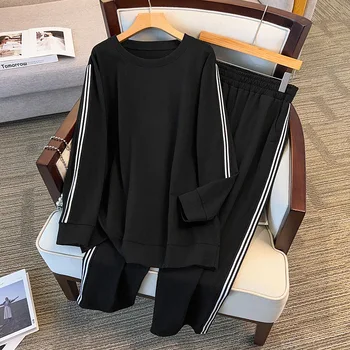 155Kg Plus Size Women's Bust 170 Autumn Striped Sweatshirt Long Pants Casual Set Black 4XL 5XL 6XL 7XL 8XL 9XL