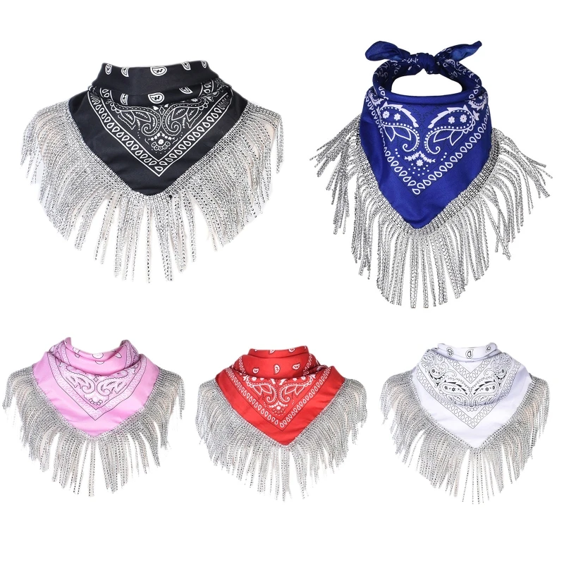 

652F Cowgirl Bandanas for Rhinestone Bachelorette Bandanas Disco Fashion Cowgirl Bachelorette Fringe Bandanas Neck Bandanas