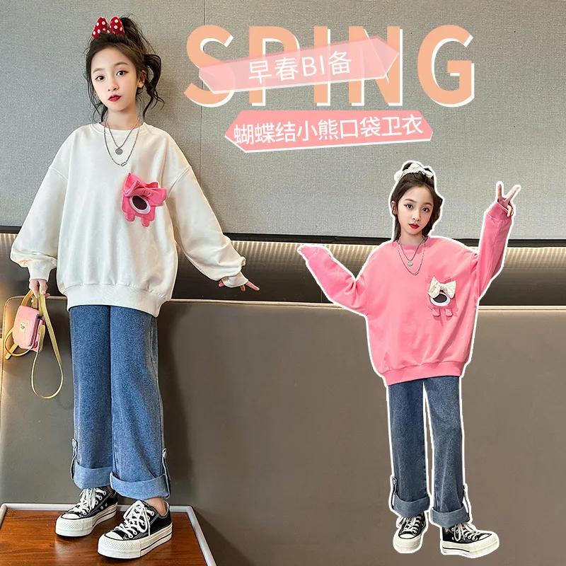 

Korean Spring Autumn Children Long Sleeve Sweatshirts Teenager Girl Cartoon Bear Pullover Elementary Girl O-neck Sport Shirts