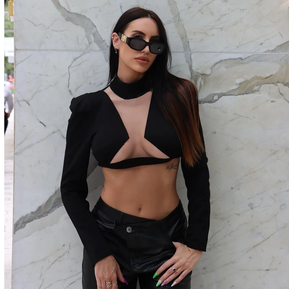

Women Sexy Slim Perspective Mesh Patchwork T-shirt Top Summer Sheer Short Tee Shirts Long Sleeve See Through Club Crop Tops