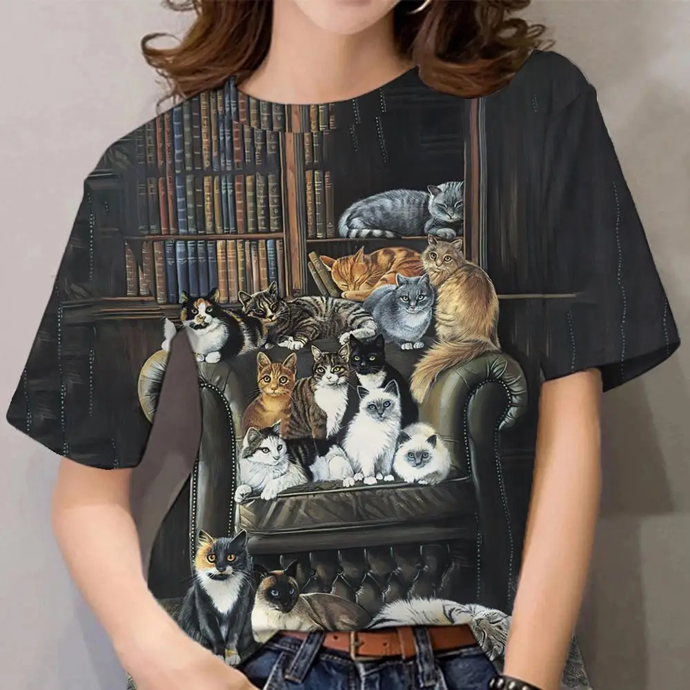 

3D Cartoon Cute Cat Print Tees Vintage Women's T-shirts Loose Short Sleeves Tops Pullover Summer Casual Street Women Clothing