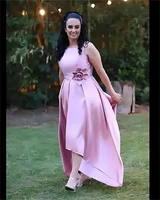 Customized High Low Satin Mother Of The Bride Dresses Pink Satin Wedding Guest Dresses With Pocket Sleeveless Party Evening Gown 3