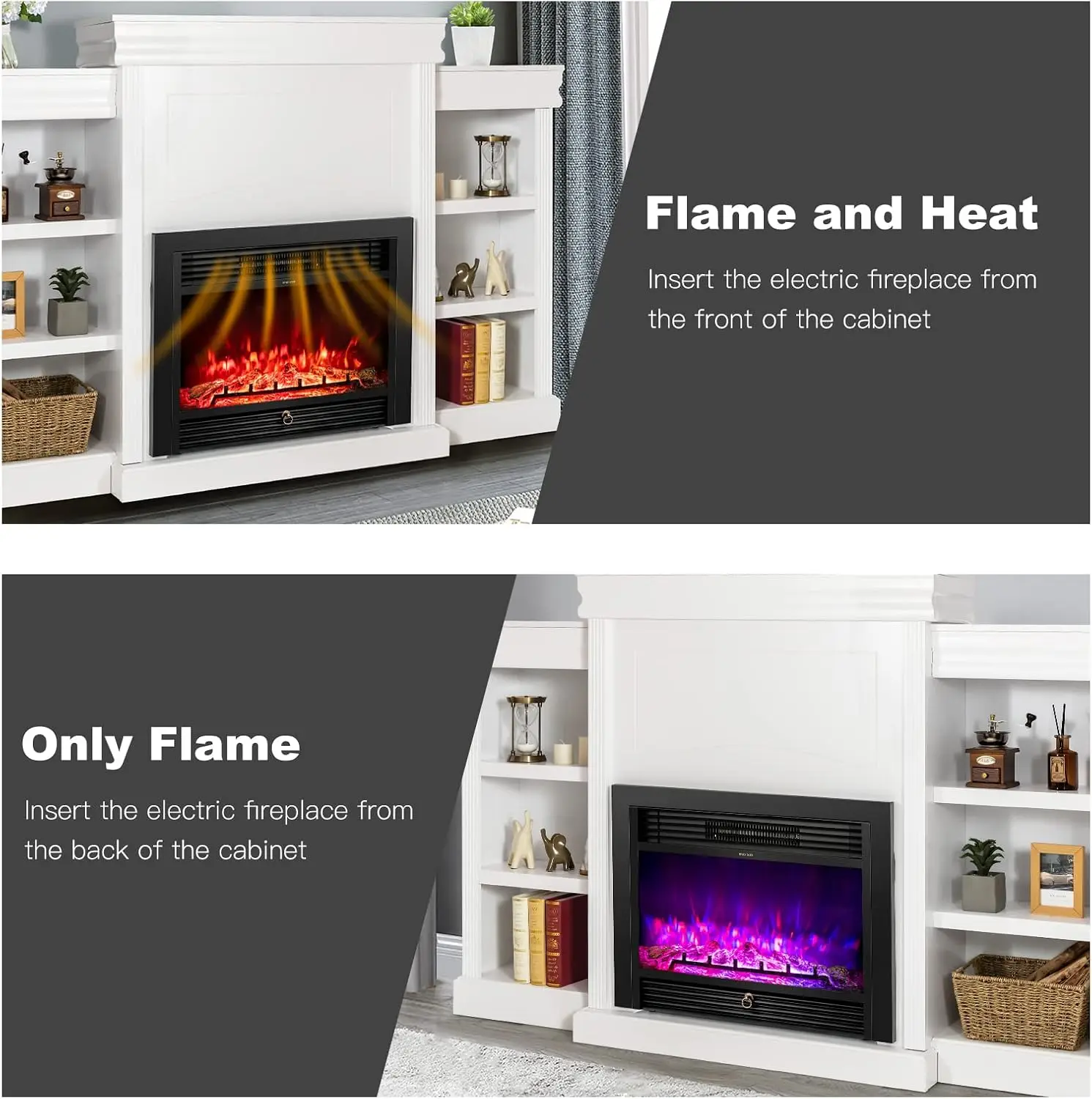 70 Inches Mantel Fireplace, 750W/1500W Electric Fireplace w/Mantel & Built-in Bookshelves,1-8H Timer 6