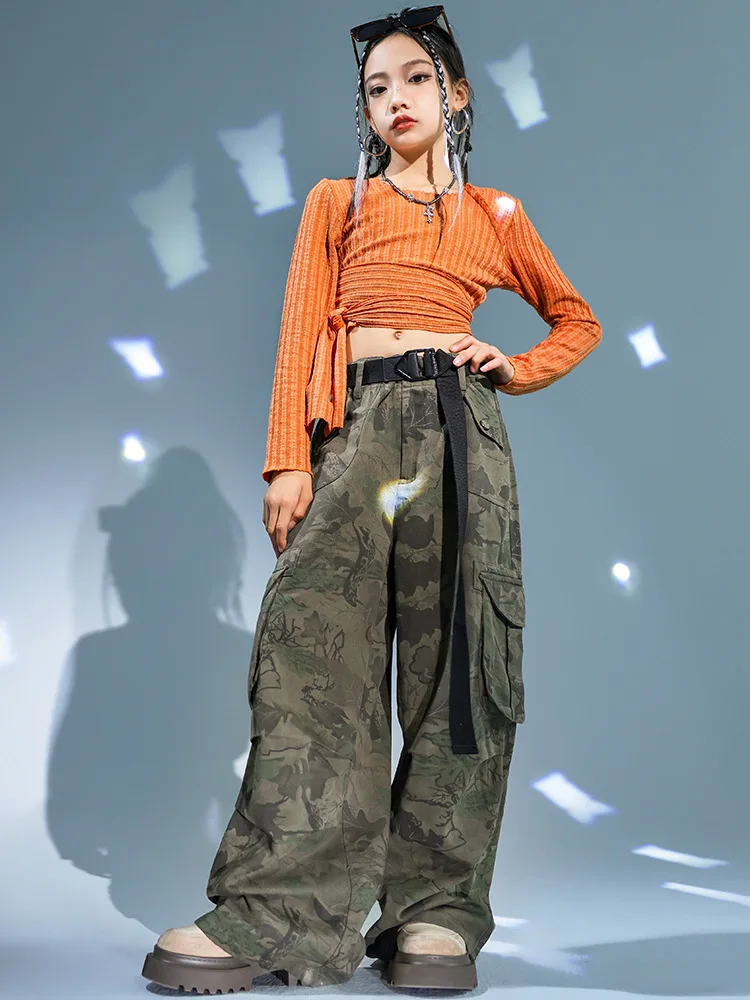 

Kid Hip Hop Clothing Orange Ribbed Long Sleeve Crop Top Casual Camouflage Cargo Pants for Girl Boy Jazz Dance Costume Clothes