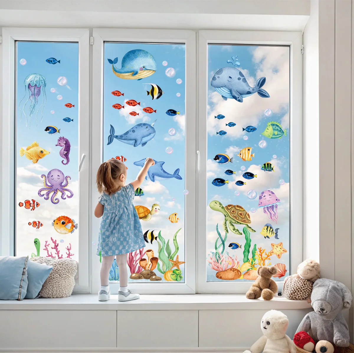 Ocean Window Stickers Under The Sea Turtle Bathroom Decor Stickers for Kids Baby Boy Girl Bedroom Nursery Living Room Classroom wall stickers toilet stickers