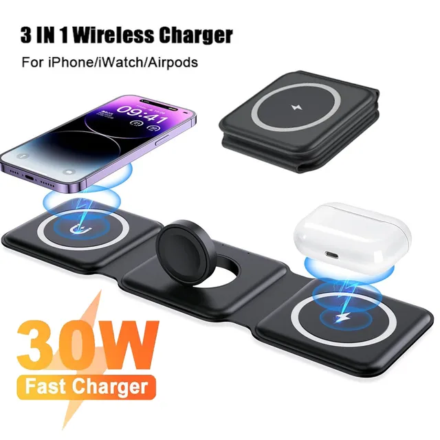 Station de charge rapide pliable sans fil pour iPhone, support de chargeur magnétique, support 3 en 1 pour Apple Watch S8, 7, 15, 14, 13, S6 1