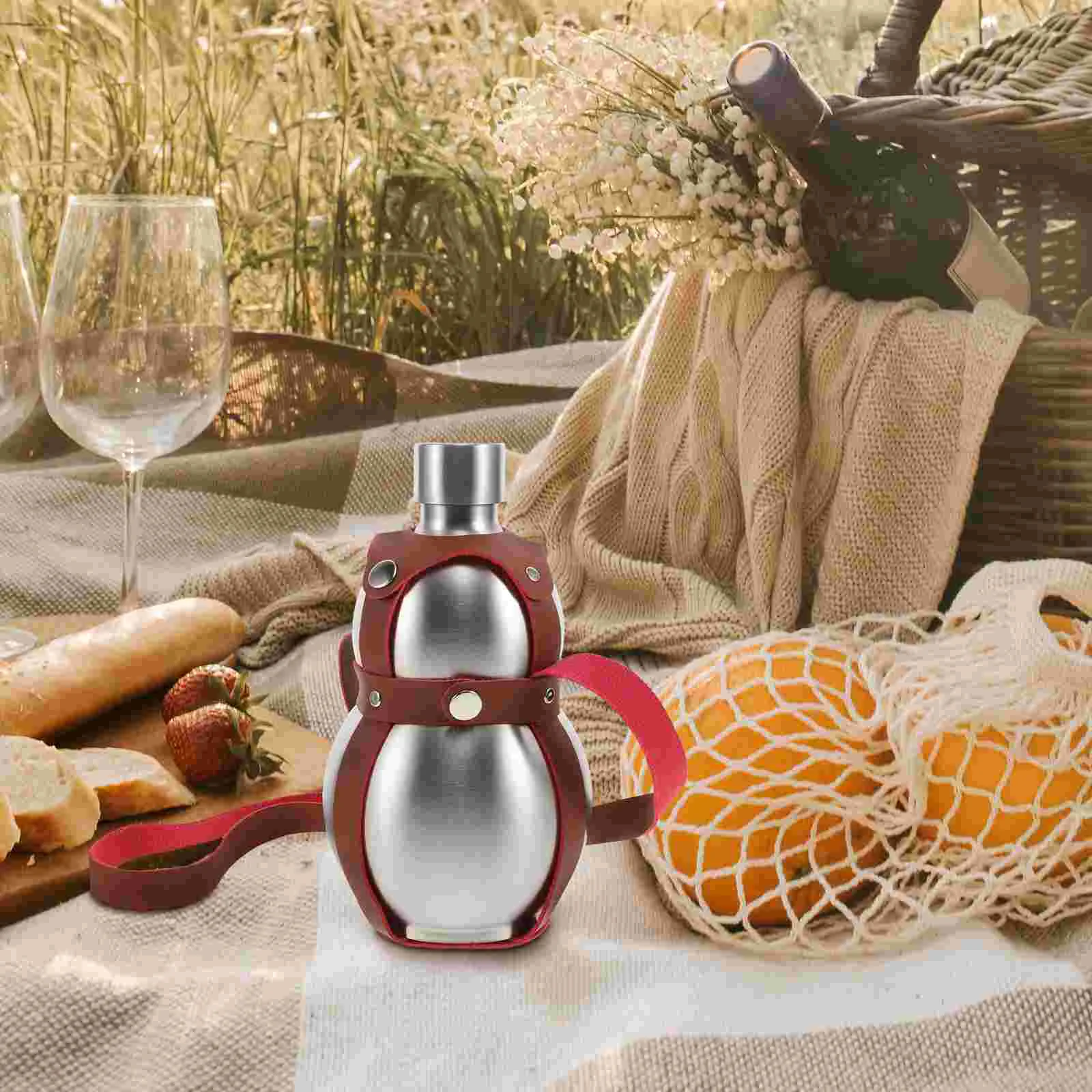 Stainless Steel Gourd Kettle Water Bottle Waterbottle Drinking Canteen with Strap Seal Medieval Jug Pouch Pu Pot 3