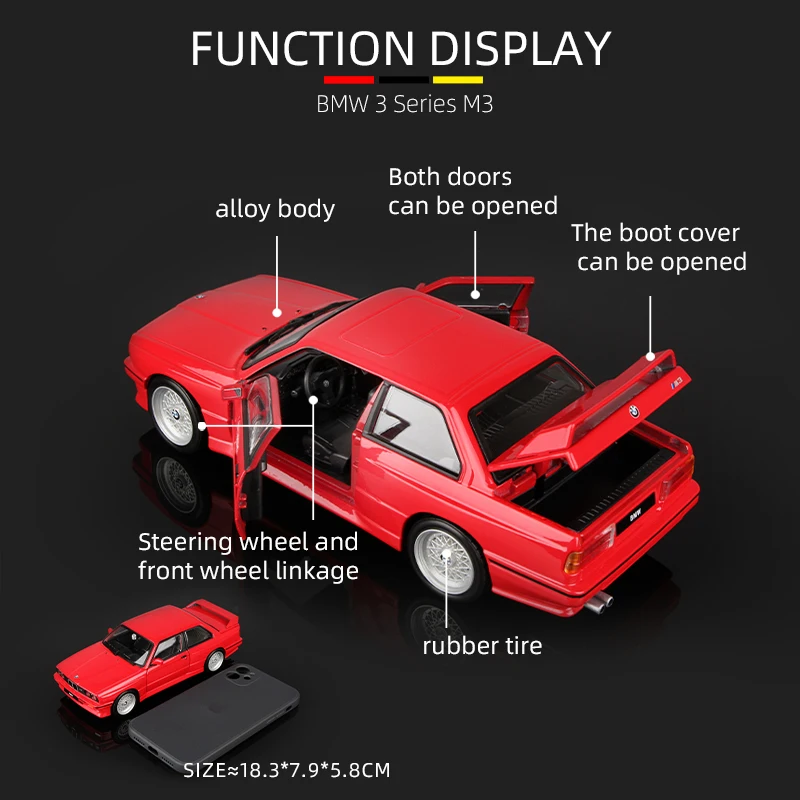 HTLNUZD Bburago 1/24 Alloy Supercar for BMW M3 E30 Racing Car Die Cast  Collection Vehicles Miniature Scale Model Collectible Gift (White)