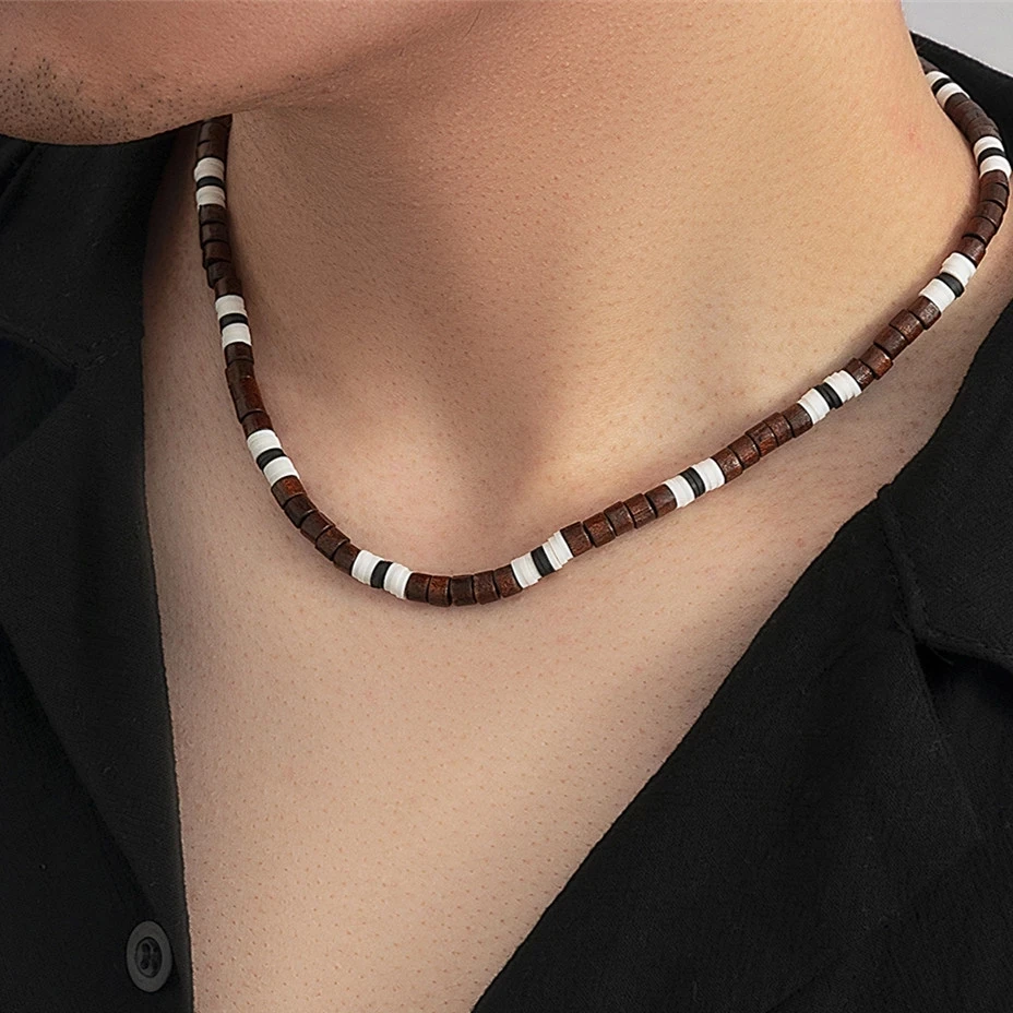 Men Necklace African Tribal Jewelry Black White Beaded Carved OOAK - Etsy