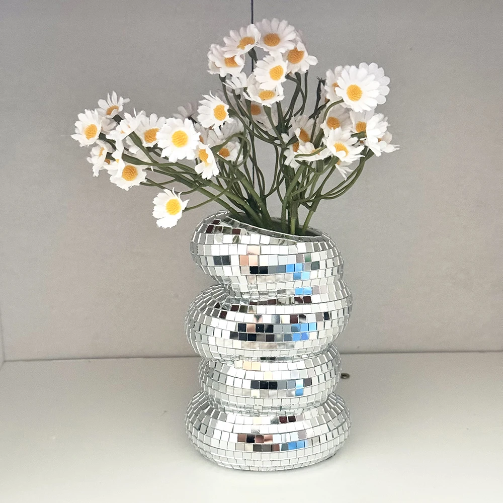 Disco Ball Spiral Vase Unique Glass Tiles Flower Bottle Disco Ball Planter Silver Mirror Vase Home Living Room Office Decor 6