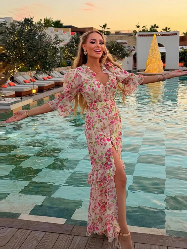 Printed V-Neck Ruffle Half Sleeve Long Dress with Single-Breasted Buttons — photo 6