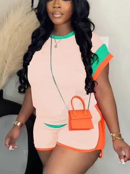 New Patchwork Casual Sporty 2 Piece Sets Women 2025 Summer Trend O-Neck Short Sleeve Tops And Shorts Matching Fitness Tracksuits 1
