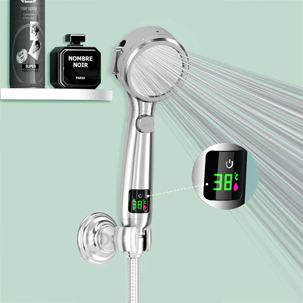 

Shower Nozzle Handheld Shower Head 4 Mode Temperature Display Water Saving High Pressure Bathroom Accessories