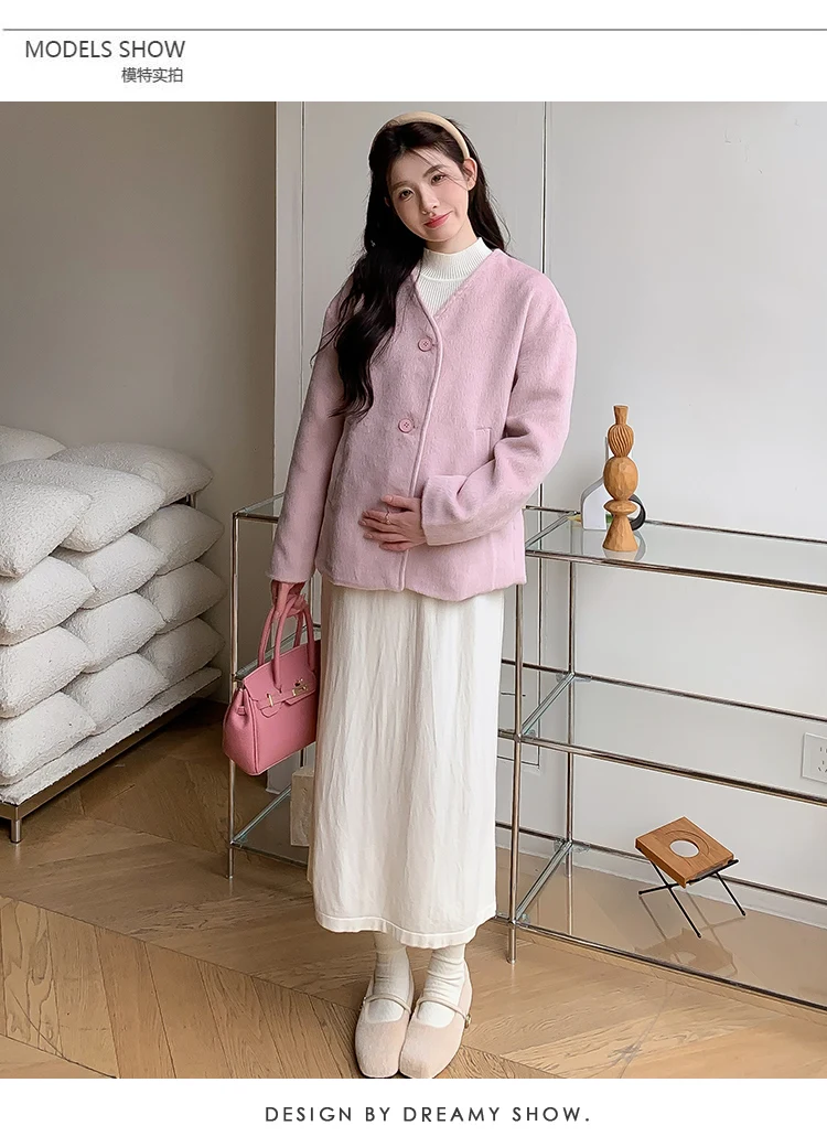 Winter Plus Size Female Woolen Outwear Long Sleeve V-neck Single-breasted Maternity Jacketsr Fashion Pink Pregnant Woman Coats