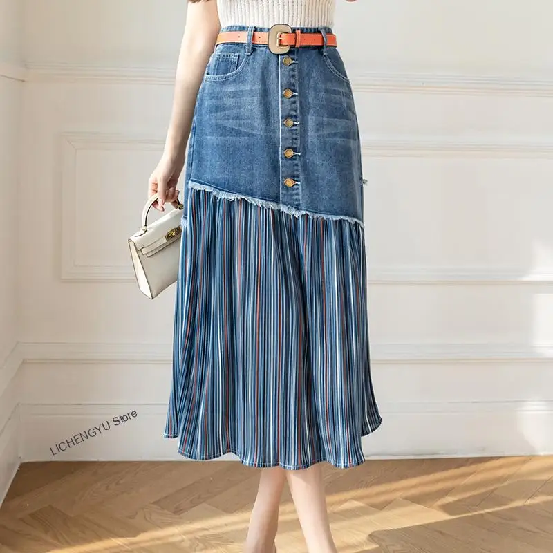 

2022 Patchwork Pleated Jeans Skirts Women High Waist Ripped Skirts Female Vintage Elegant Korean Fashion Denim Skirts Big Size