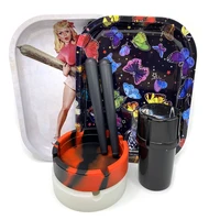 5Pcs Cigarette Plastic Herb Grinder Tobacco Silicone Round Ashtray Metal Rolling Tray 18X14cm Storage Tube Container Smoking Set 1
