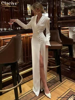 Clacive Fashion Slim White Dress Bodycon Lapel Long Sleeve Ankle Length Dress Party Elegant Classic Slit Dresses For Women 2024 - Image 2