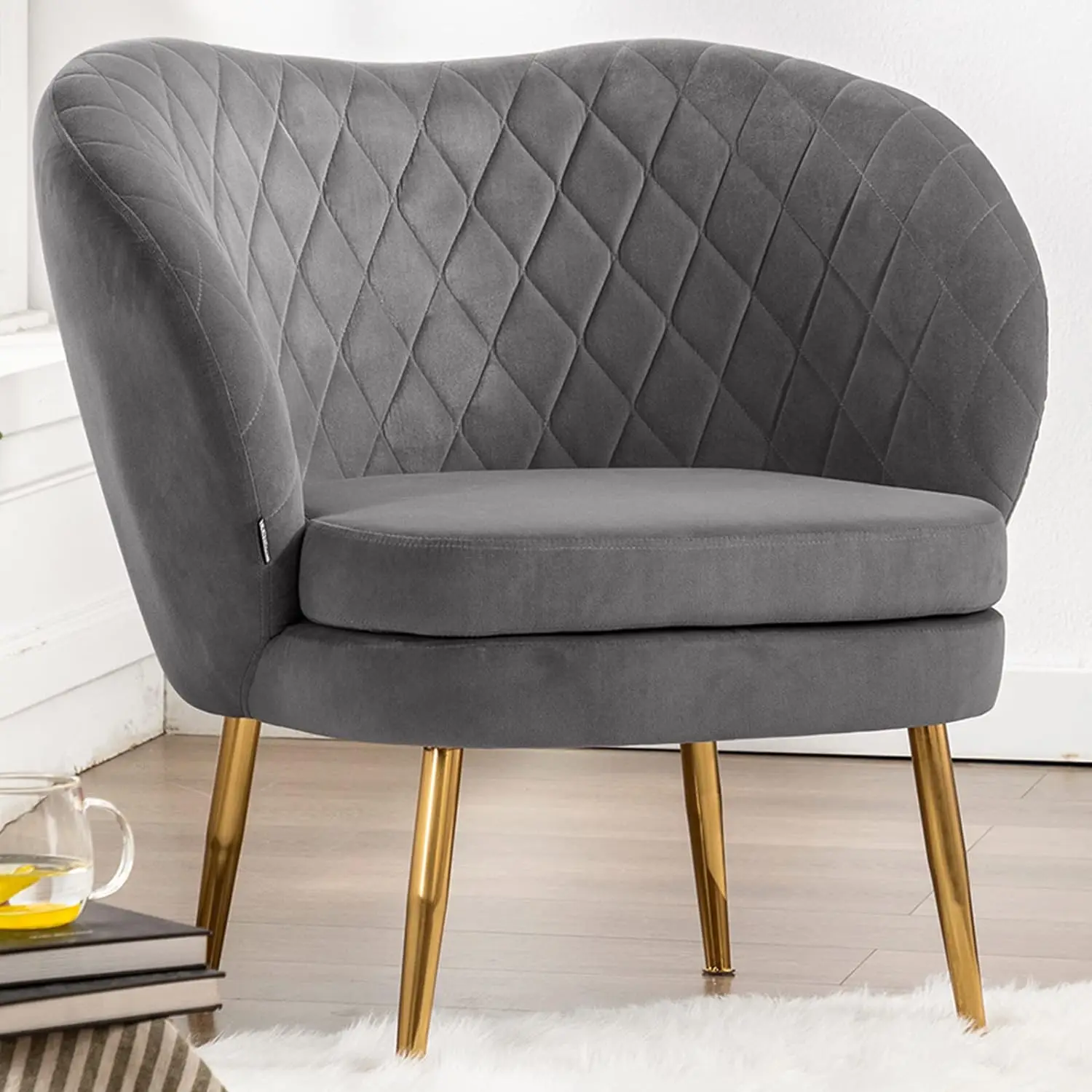 

Velvet Accent Chair with Barrel Backrest, Upholstered Armchair Single Sofa for Living Room Bedroom Dining Room
