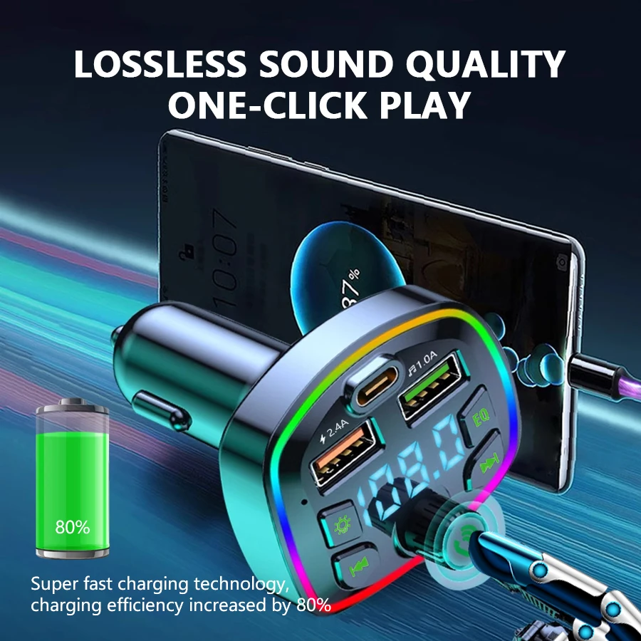 Bluetooth5.0 Multifunction Car FM Transmitter Car MP3 Player U Disk Music USB 2.4A Car Charger Fast Charge Real-time Voltage