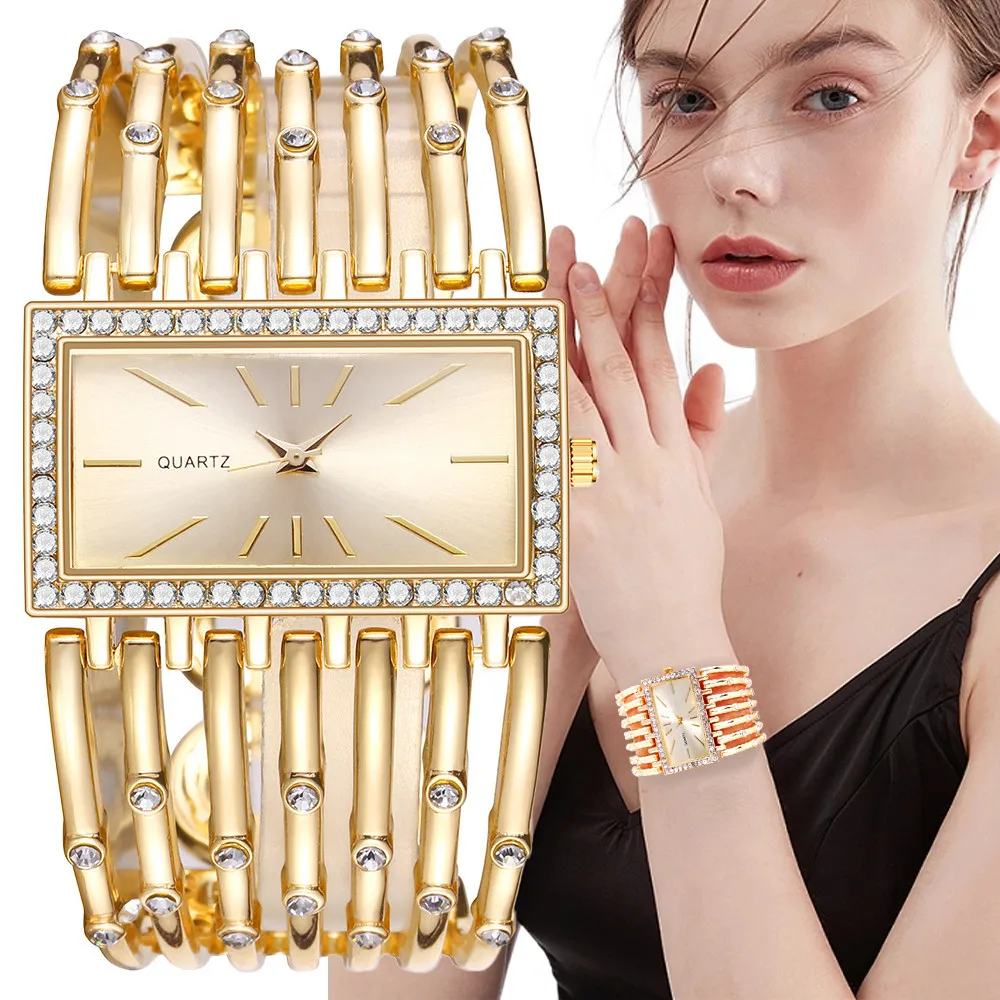 

Luxury Qualities Women Fashion 2023 Diamond Rectangle Watches Gold Alloy Bracelet Wristwatches Simple Ladies Quartz Clock Gift